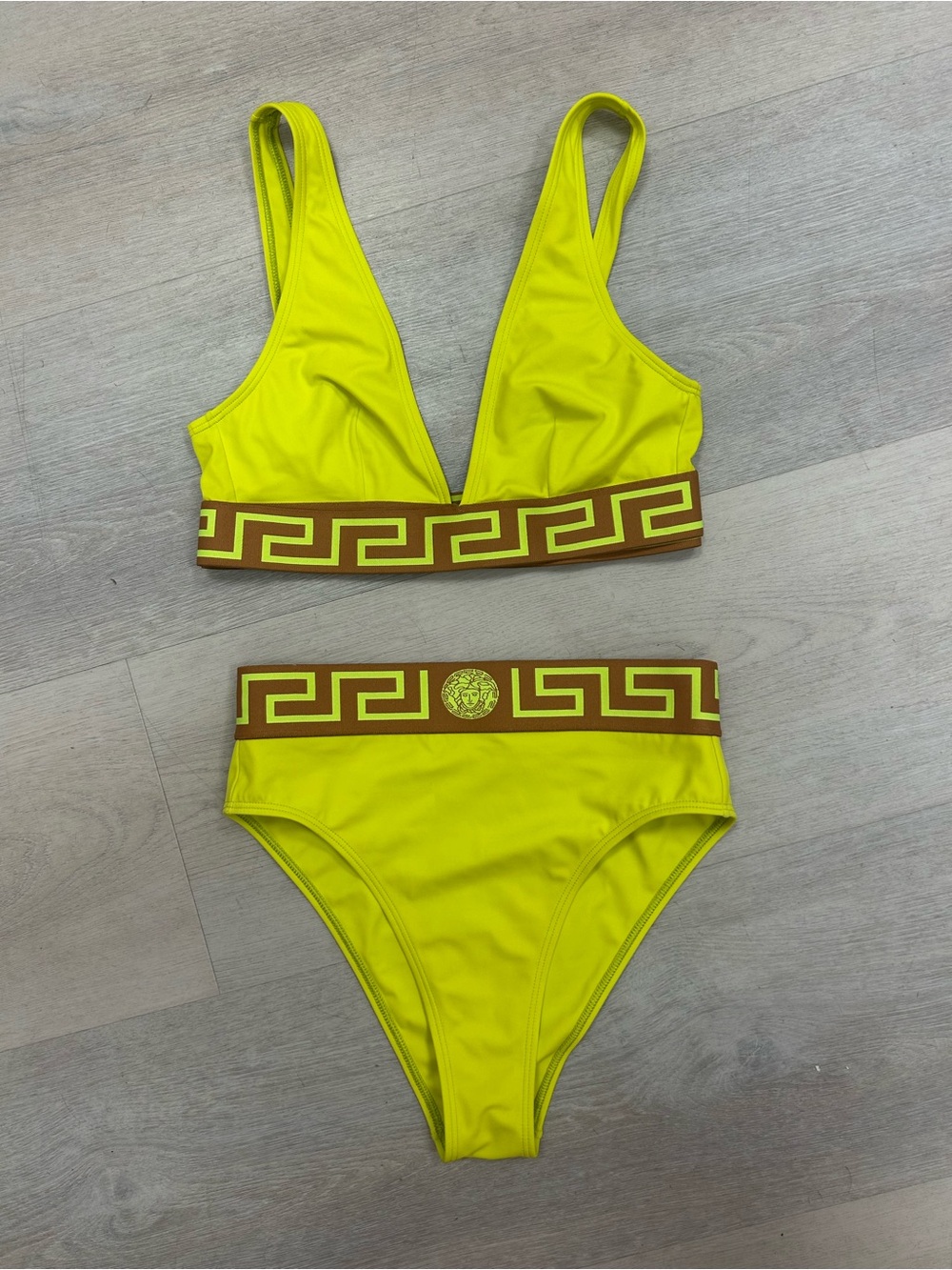 Versace Yellow High-Waist Two-Piece Swim Set with Geometric Trim